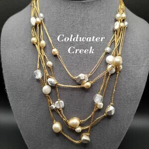 Coldwater Creek Faux Pearl Gold Chain Necklace, Five Double Strands, 19 Inches